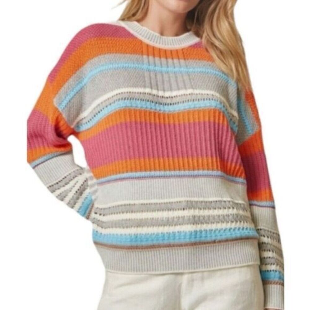 Andree By Unit Womens Sweater Small Striped Multi Rainbow Crochet Boxy Oversized